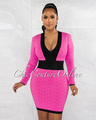 *Sheba Pink Black Fret Print Bandage Dress