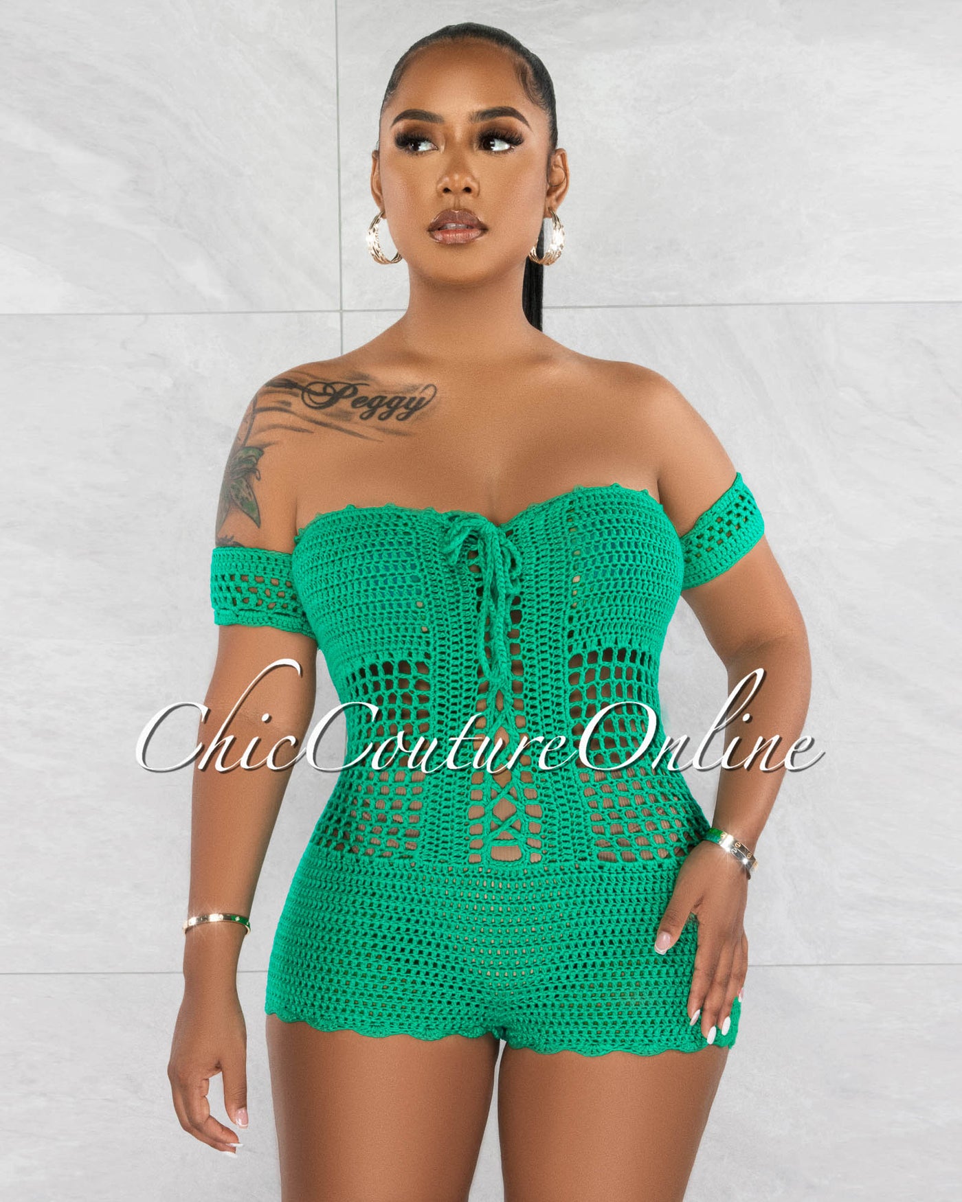 *Maddie Green See-Through Crochet Cover-Up Romper