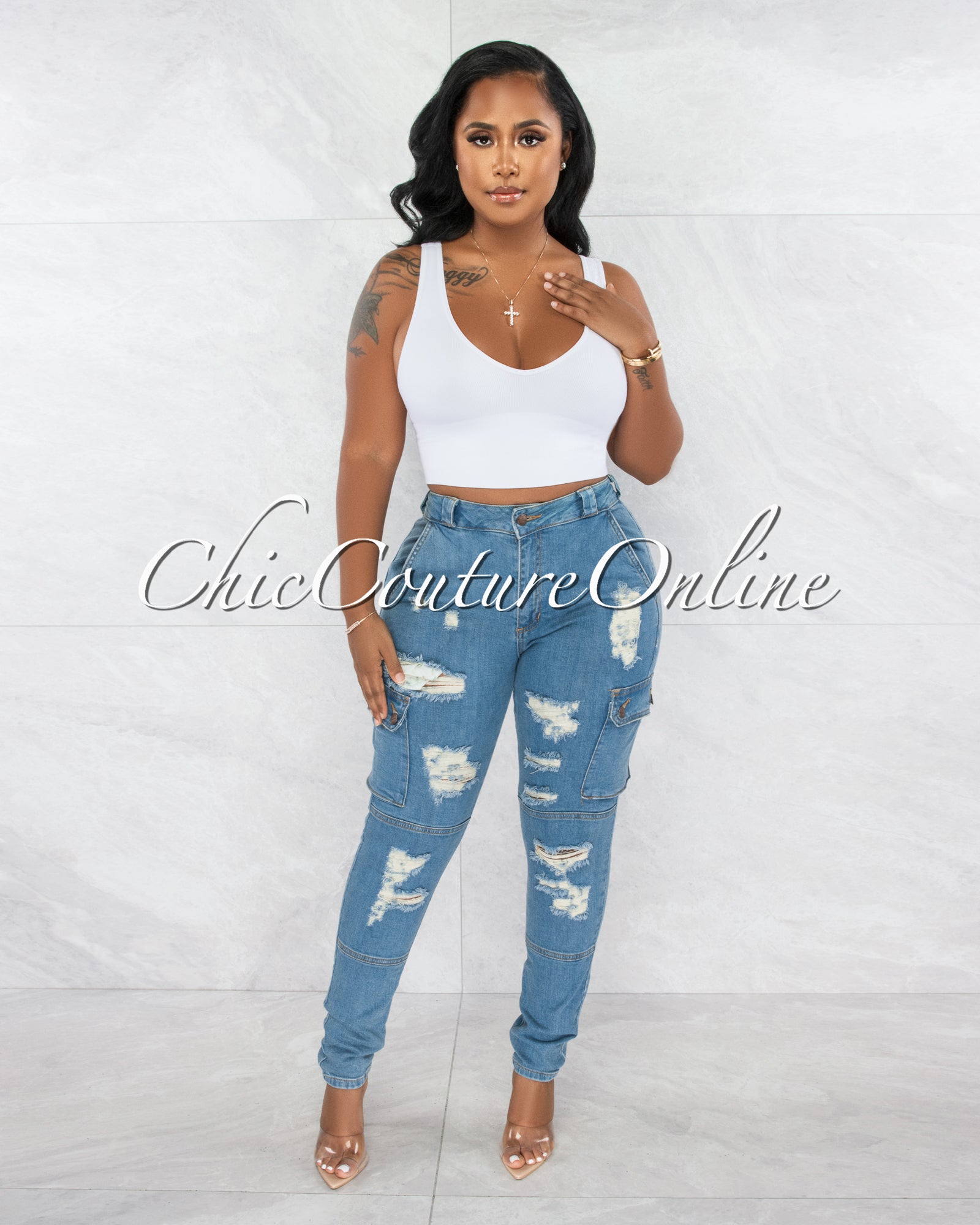 *Moncado Medium Denim Distressed Cargo Jeans