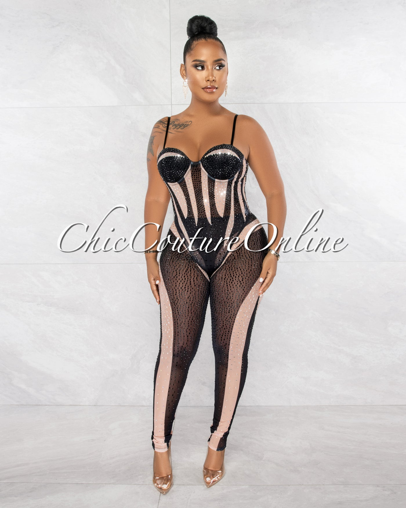 Bosada Black Nude Rhinestones Sheer Bodysuit & Leggings Set