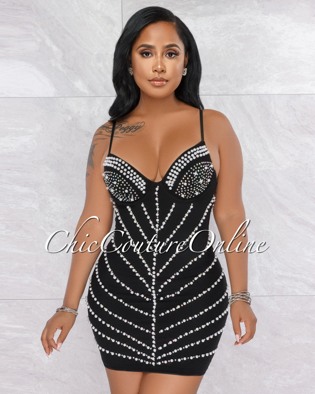 *Stark Black Mesh Rhinestones & Pearls Mini Dress