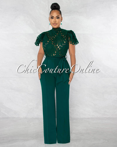 *Charity Hunter Green Crochet See-Thru Top Ruffle Sleeves Jumpsuit
