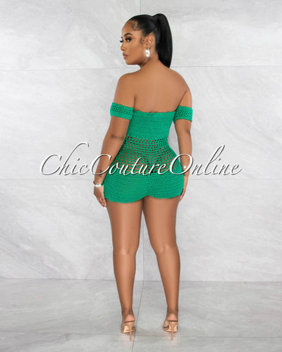 *Maddie Green See-Through Crochet Cover-Up Romper