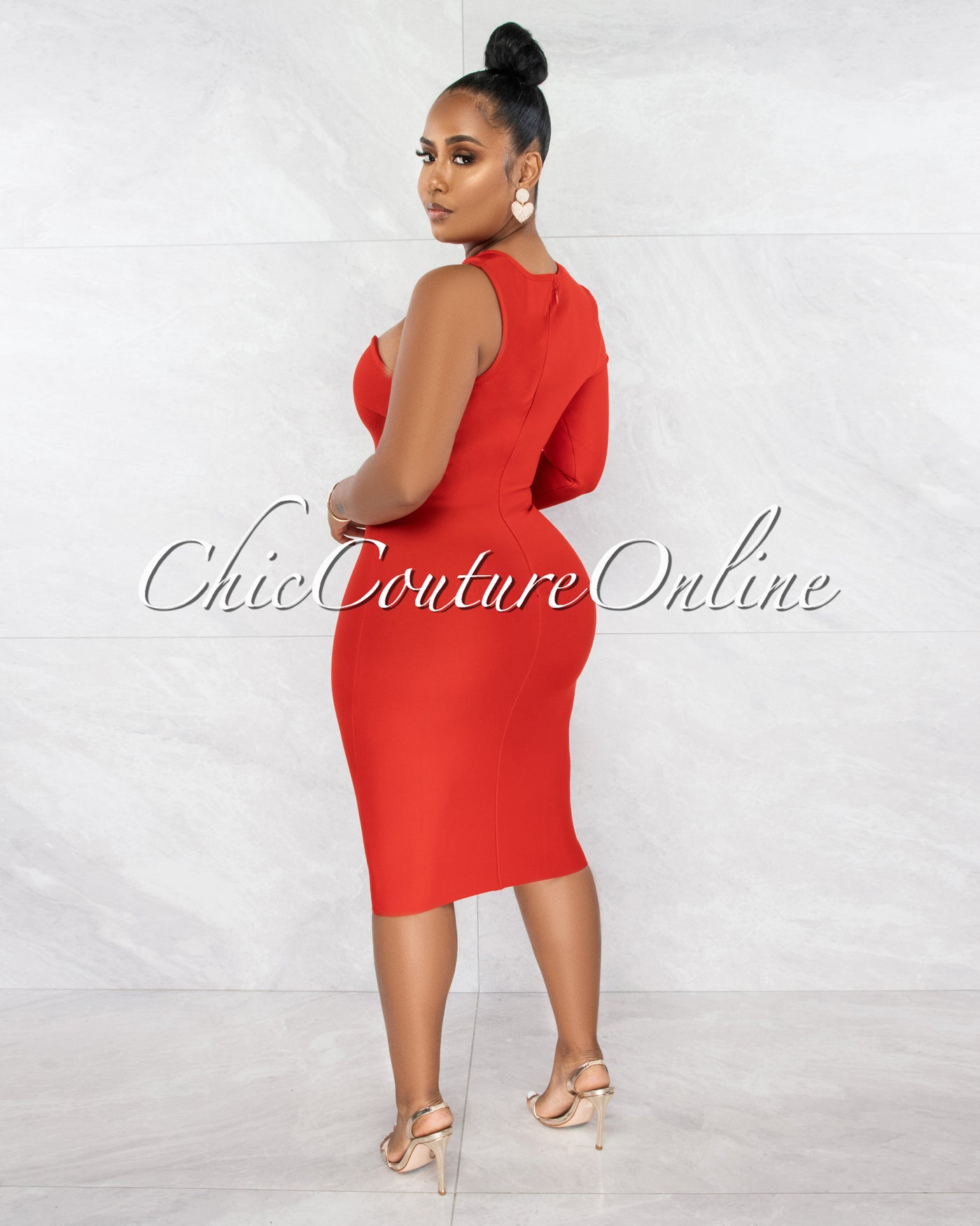 *Erica Red Single Shoulder Design Bandage Dress