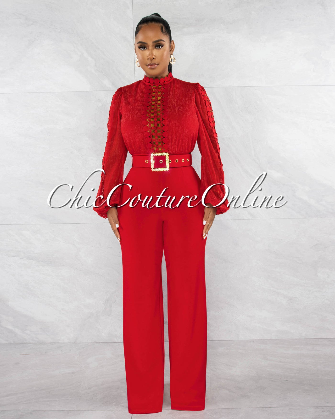 *Taima Red Crochet Shimmer Top Gold Buckle Belt Jumpsuit