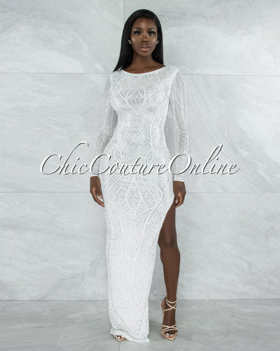 *Goncalves Off-White Silver Studs Side Slit Maxi Dress