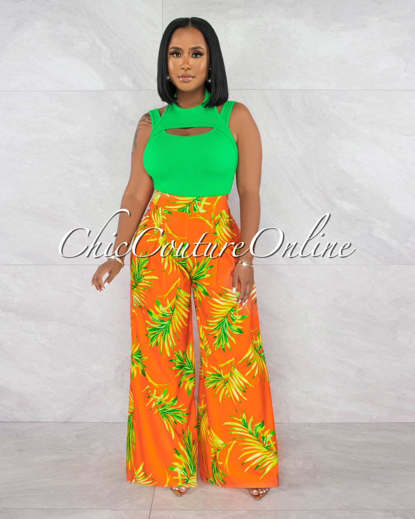 Valda Orange Green Leaf Print Pleated Wide Pants