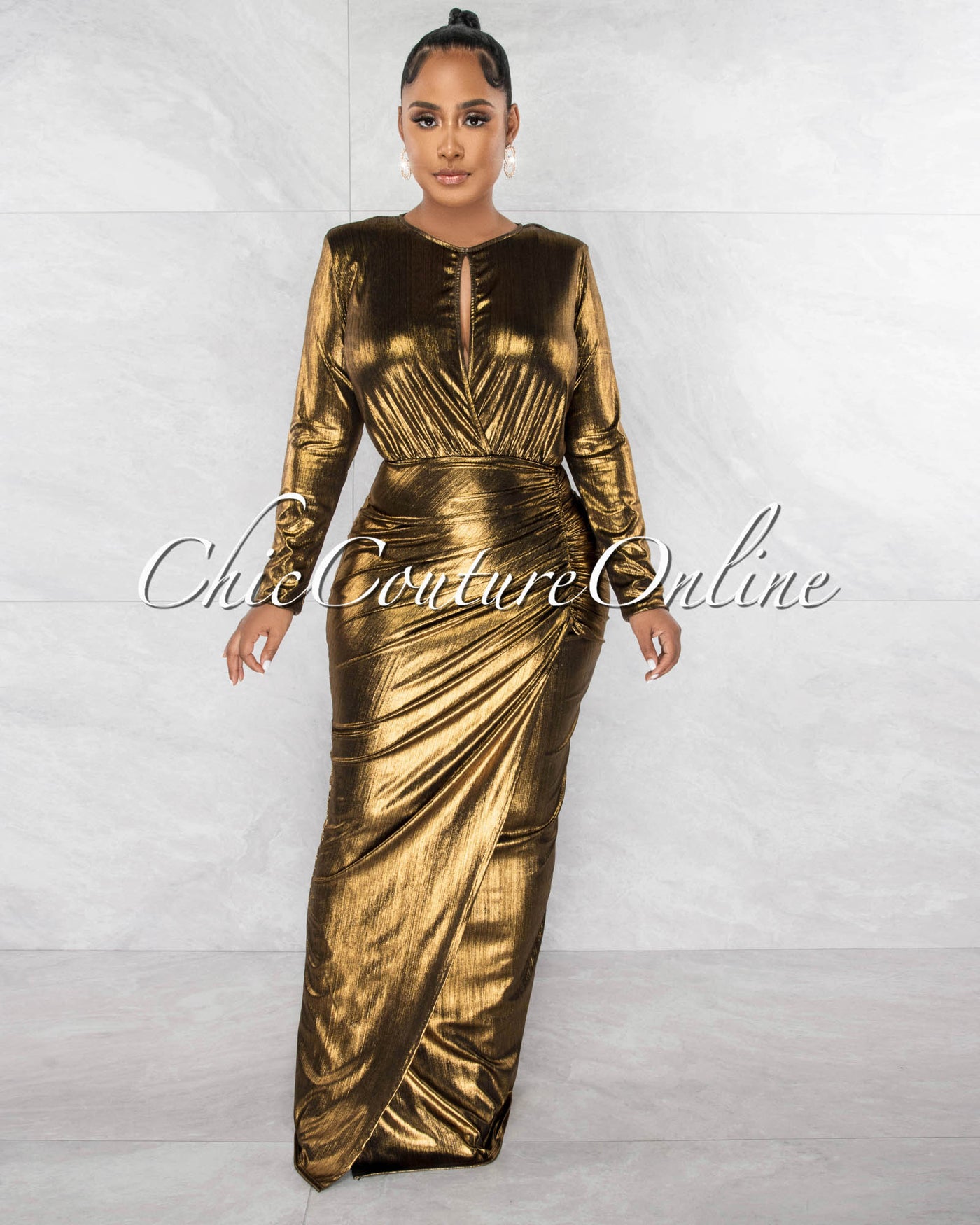 *Malika Gold Black Shimmer Bust Cut-Out Draped Maxi Dress