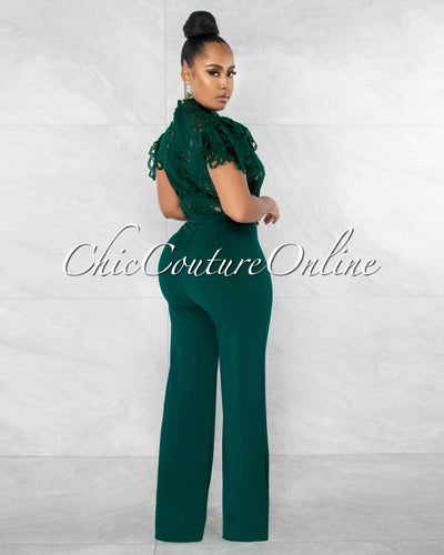*Charity Hunter Green Crochet See-Thru Top Ruffle Sleeves Jumpsuit