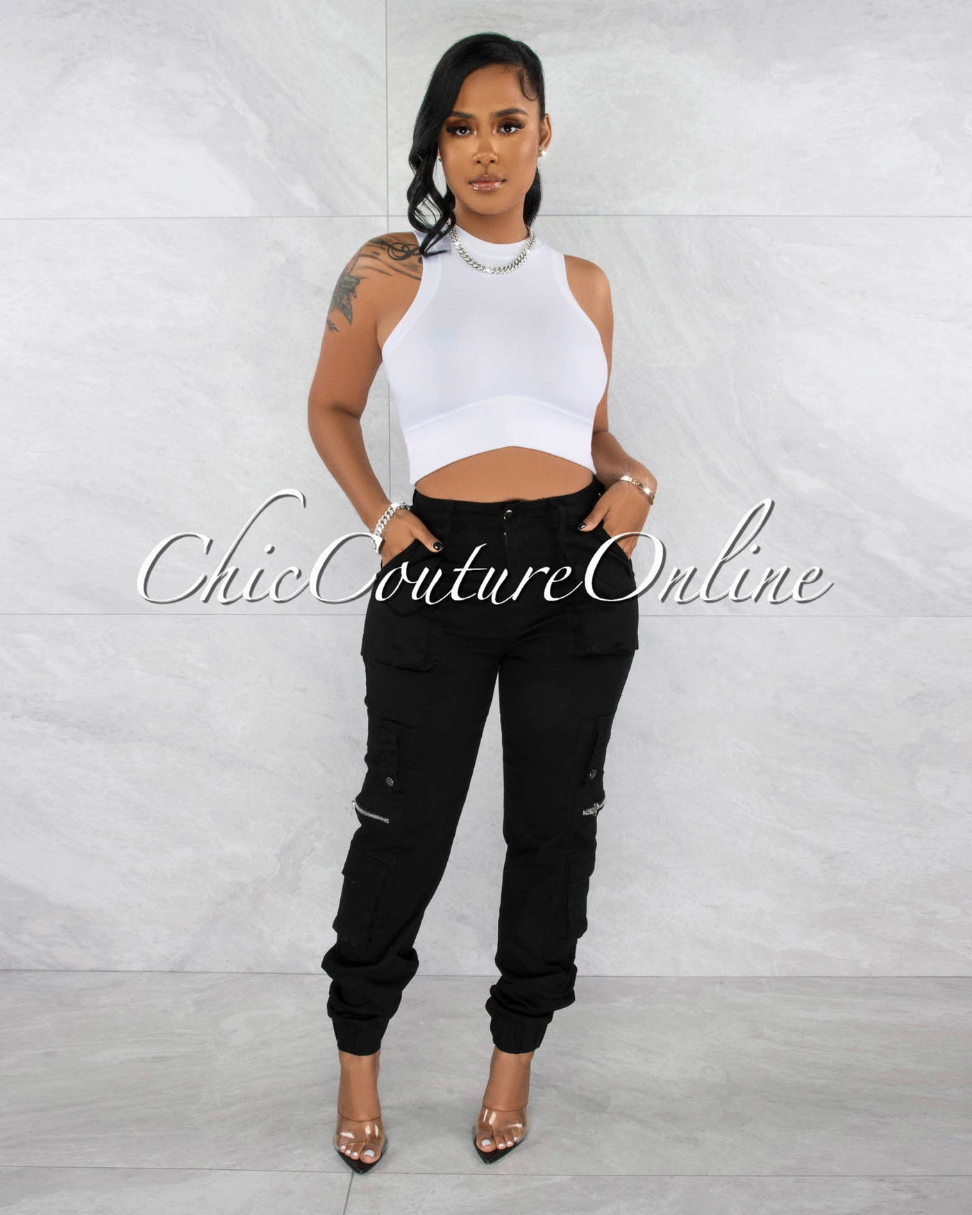 Maximo White Racer "V" Waist Crop Top
