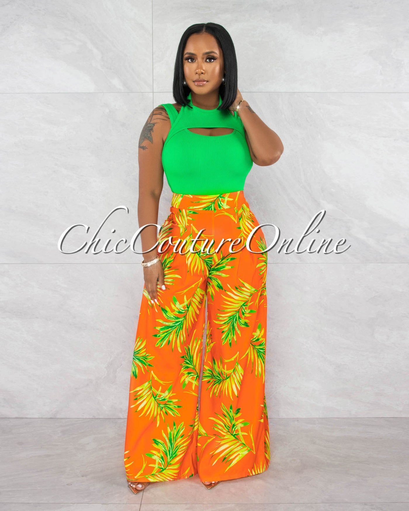 Valda Orange Green Leaf Print Pleated Wide Pants