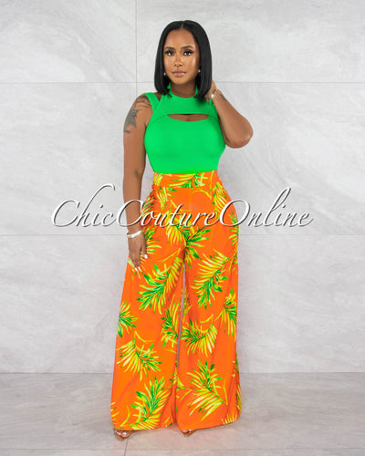 Valda Orange Green Leaf Print Pleated Wide Pants