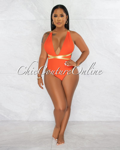 Beck Orange Gold Straps One Piece Halter Swimsuit