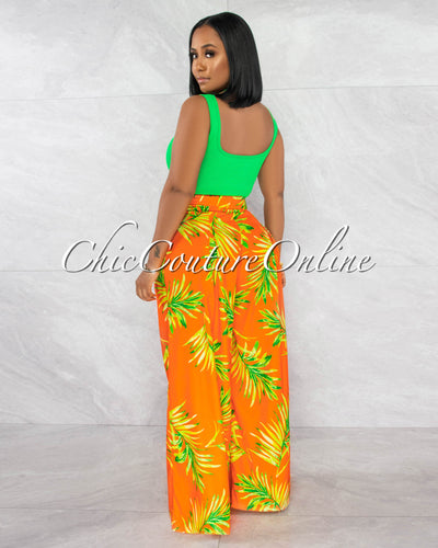 Valda Orange Green Leaf Print Pleated Wide Pants