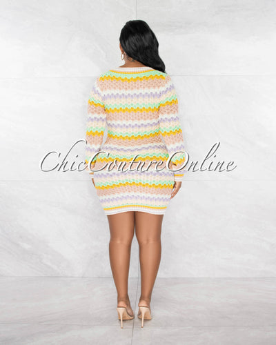 *Jayla Pink Nude Stripes Crochet Long Sleeves Dress