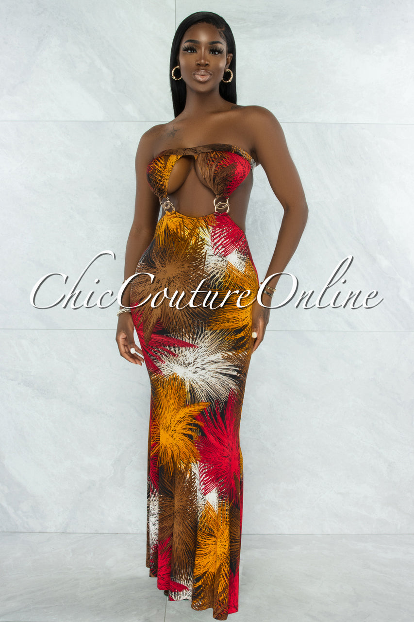 Weston Brown Print Cut-Out Gold Accent Maxi Dress