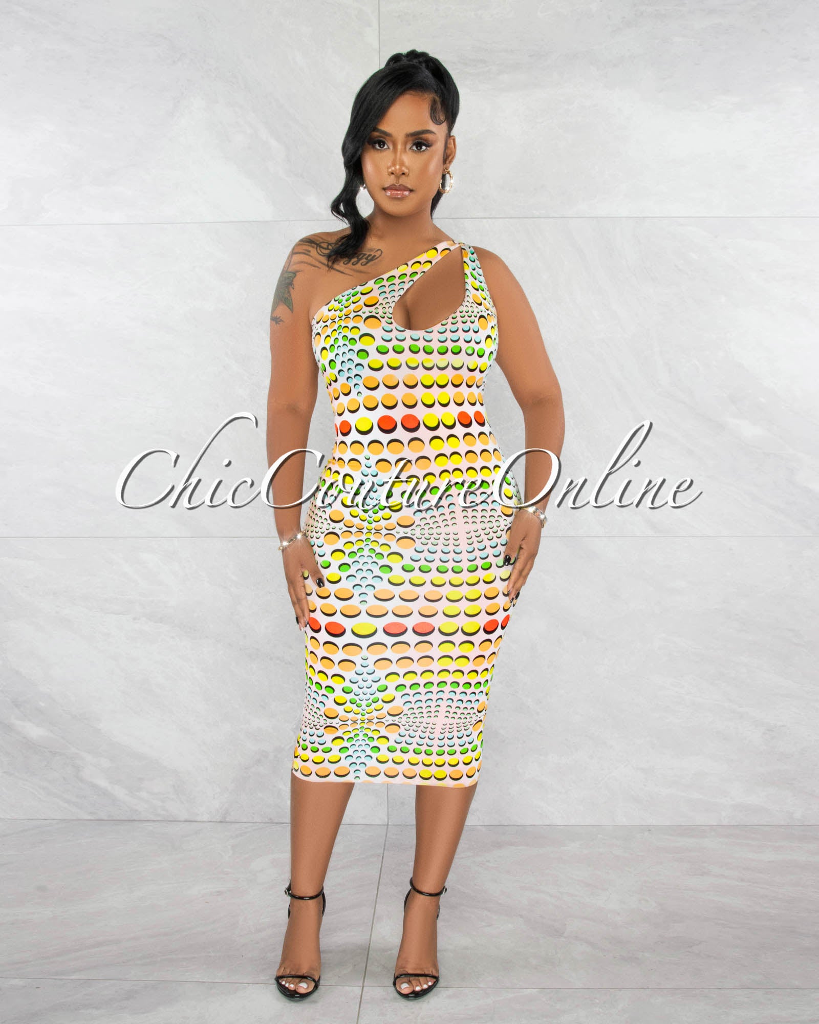 *Vinata Off-White Multi-Color Dots Print Single Shoulder Midi Dress