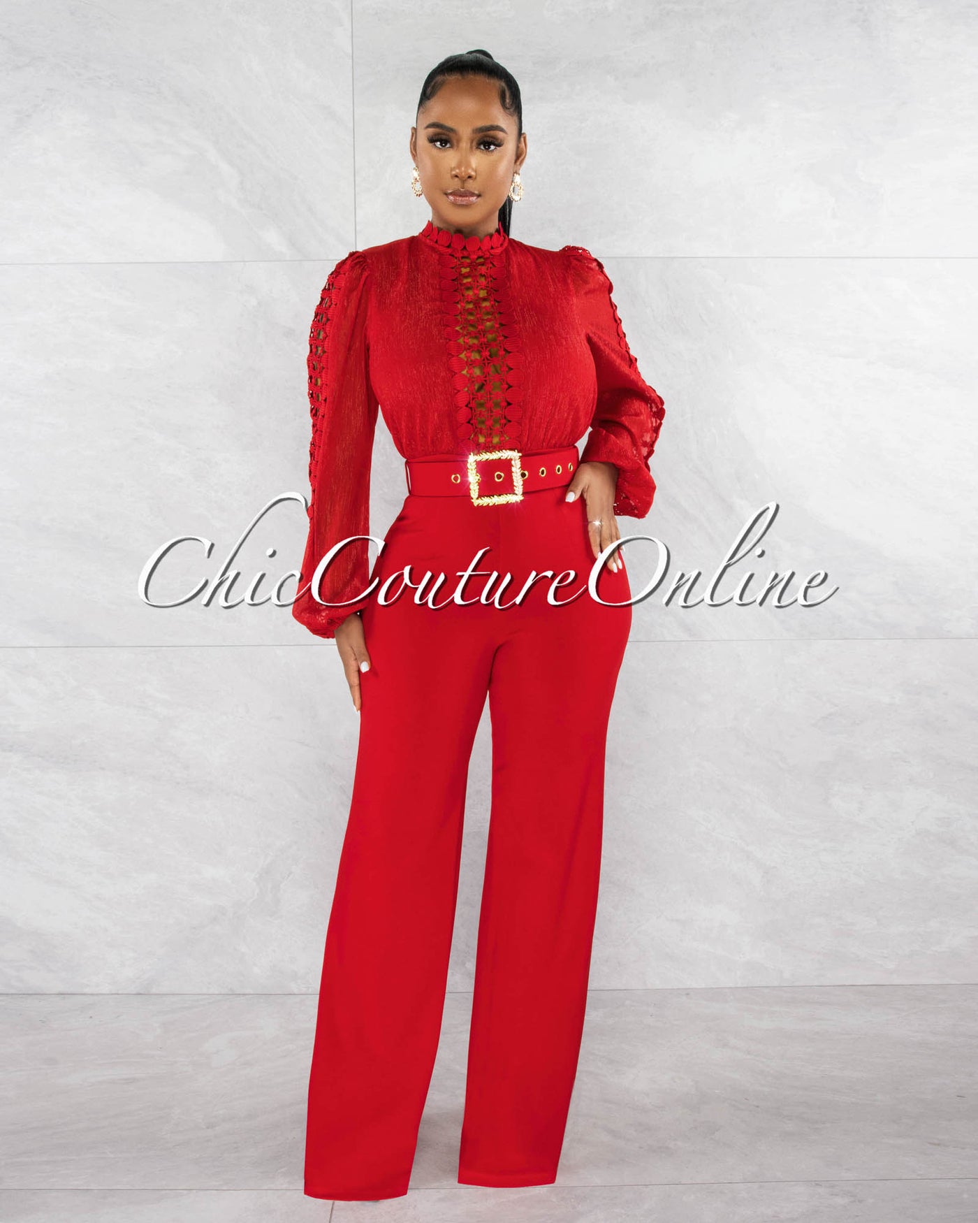 *Taima Red Crochet Shimmer Top Gold Buckle Belt Jumpsuit