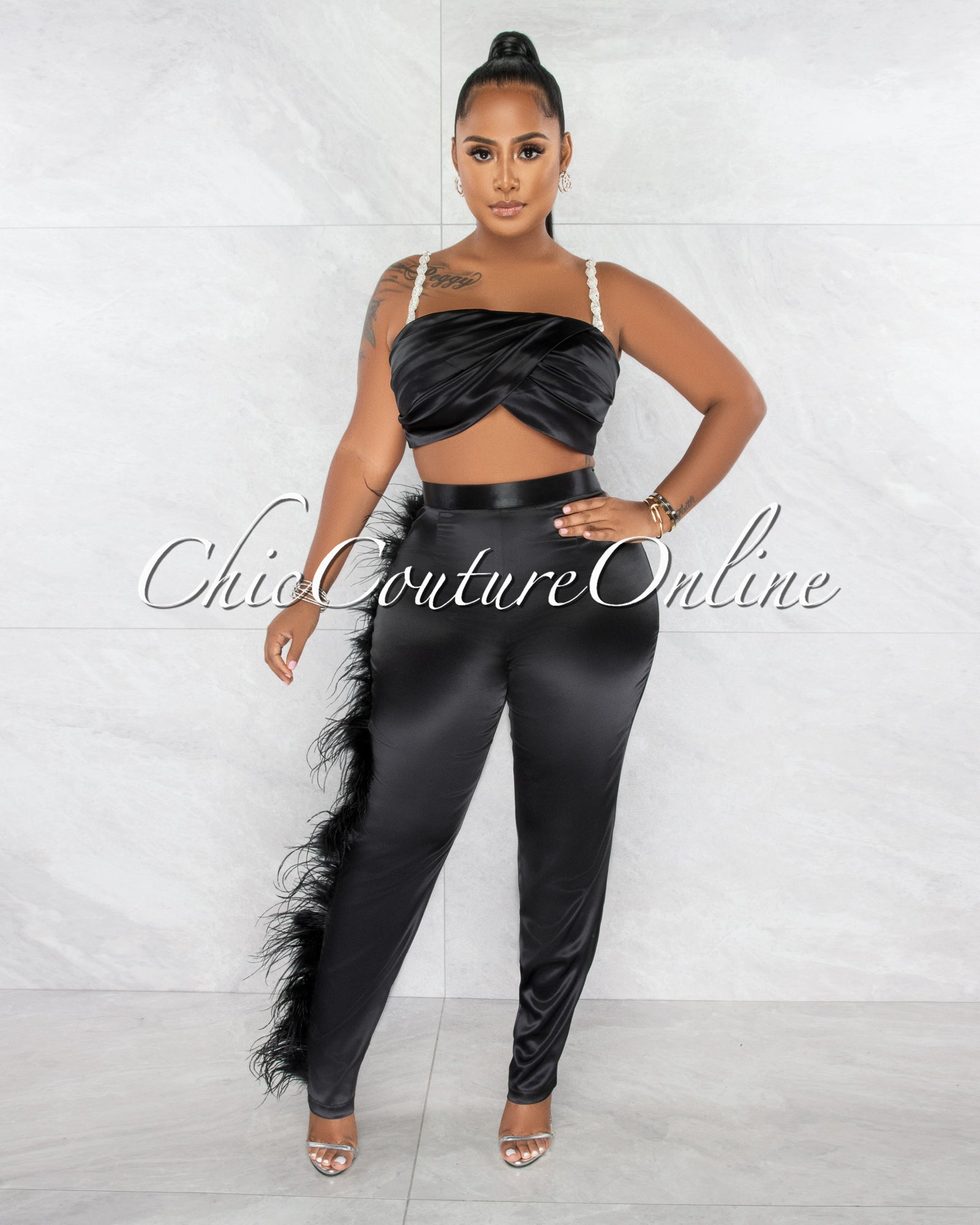 *Alvada Black Draped Rhinestones Straps Top & Feathers Pants Silky Set