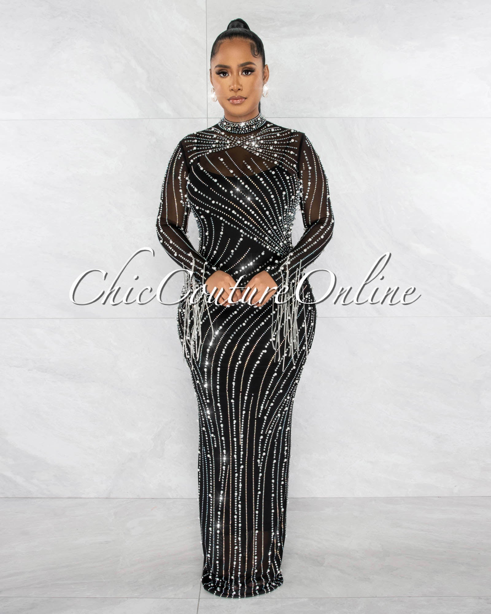 Katashna Black Mesh Sheer Rhinestones Maxi Dress – Chic Couture Online