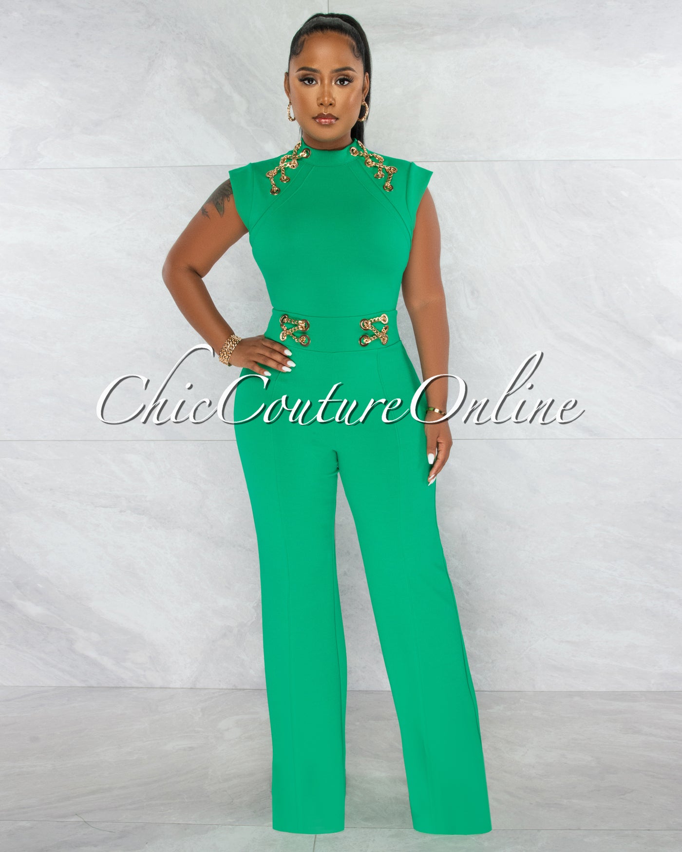 Jazelle Emerald Green Gold Link Lace-Up Jumpsuit