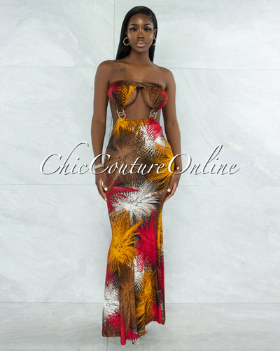 *Weston Brown Red Print Cut-Out Gold Accent Maxi Dress