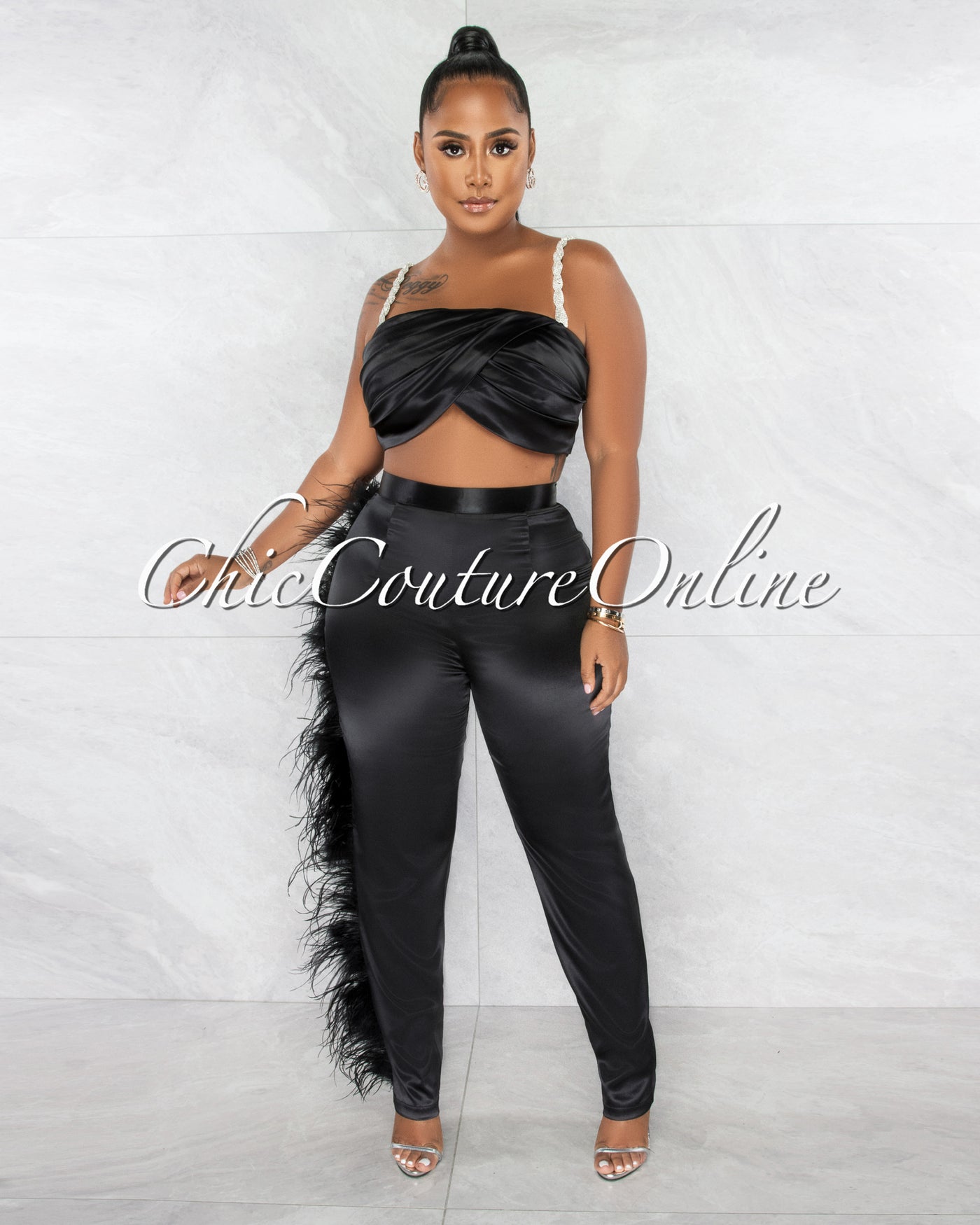 *Alvada Black Draped Rhinestones Straps Top & Feathers Pants Silky Set