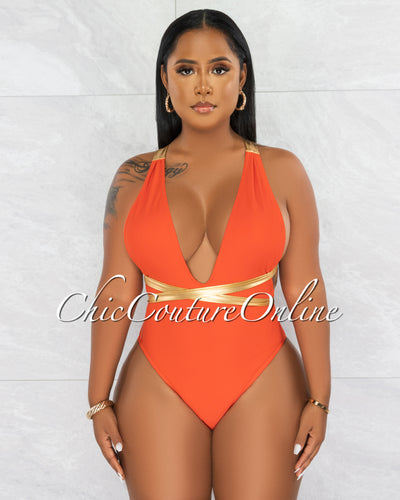 Beck Orange Gold Straps One Piece Halter Swimsuit