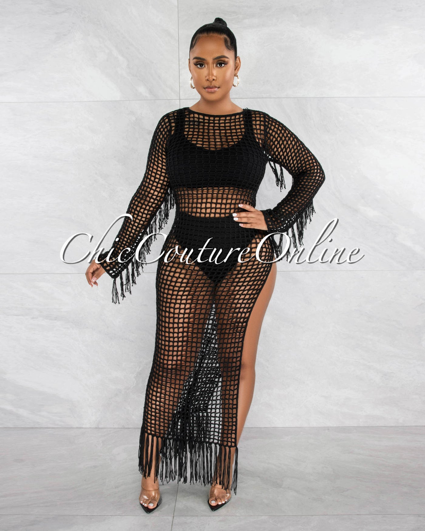 *Brassie Black Crochet Tassels Cover-Up Maxi Dress