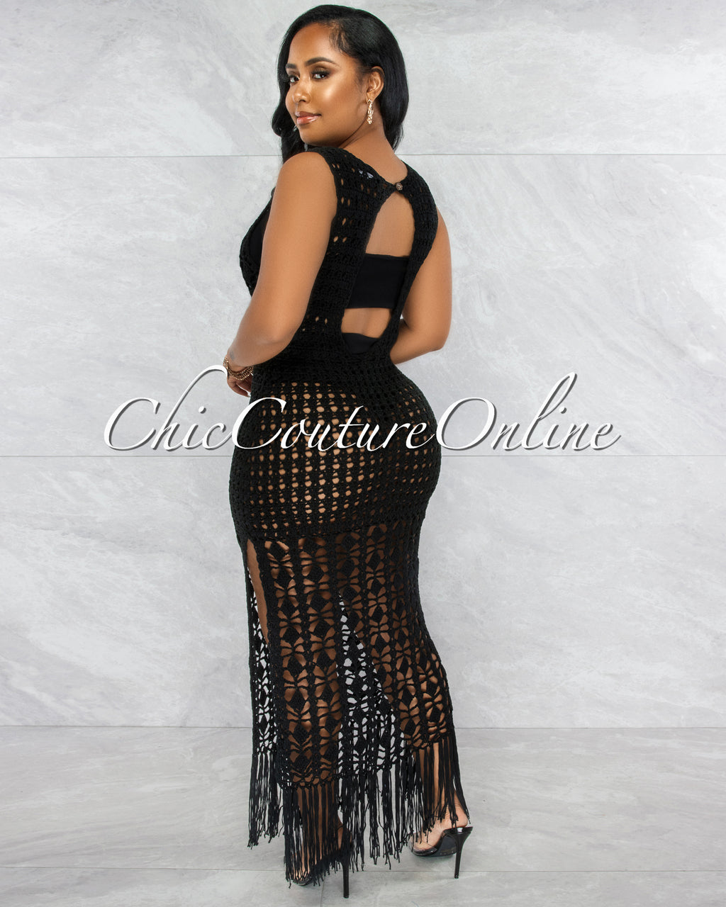 Millan Black Crochet Cover-Up Midi Dress