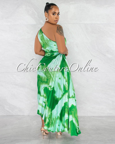 Hilary Green Print Pleated Single Shoulder Maxi Dress