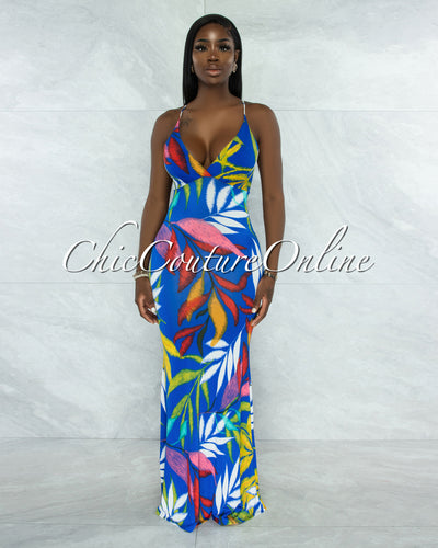 Tredan Royal Blue Multi-Color Print Back Cut-Out Maxi Dress
