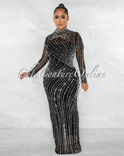 Katashna Black Mesh Sheer Rhinestones Maxi Dress