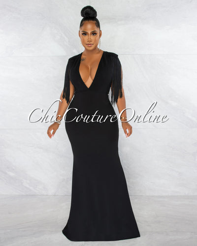 *Orane Black Fringe Shoulders Semi-Mermaid Maxi Dress