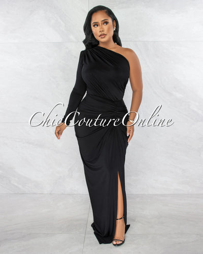 Kimber Black Single Shoulder Draped Maxi Dress