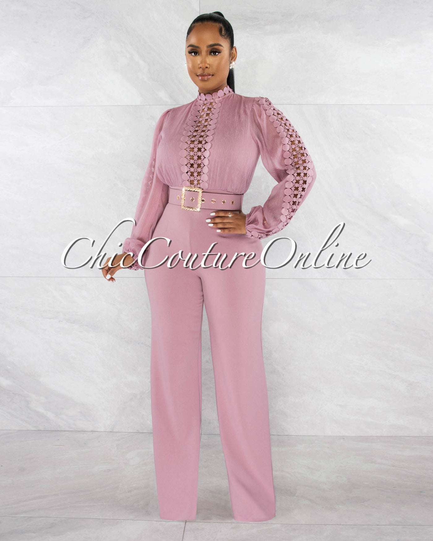 Taima Mauve Crochet Shimmer Top Gold Buckle Belt Jumpsuit