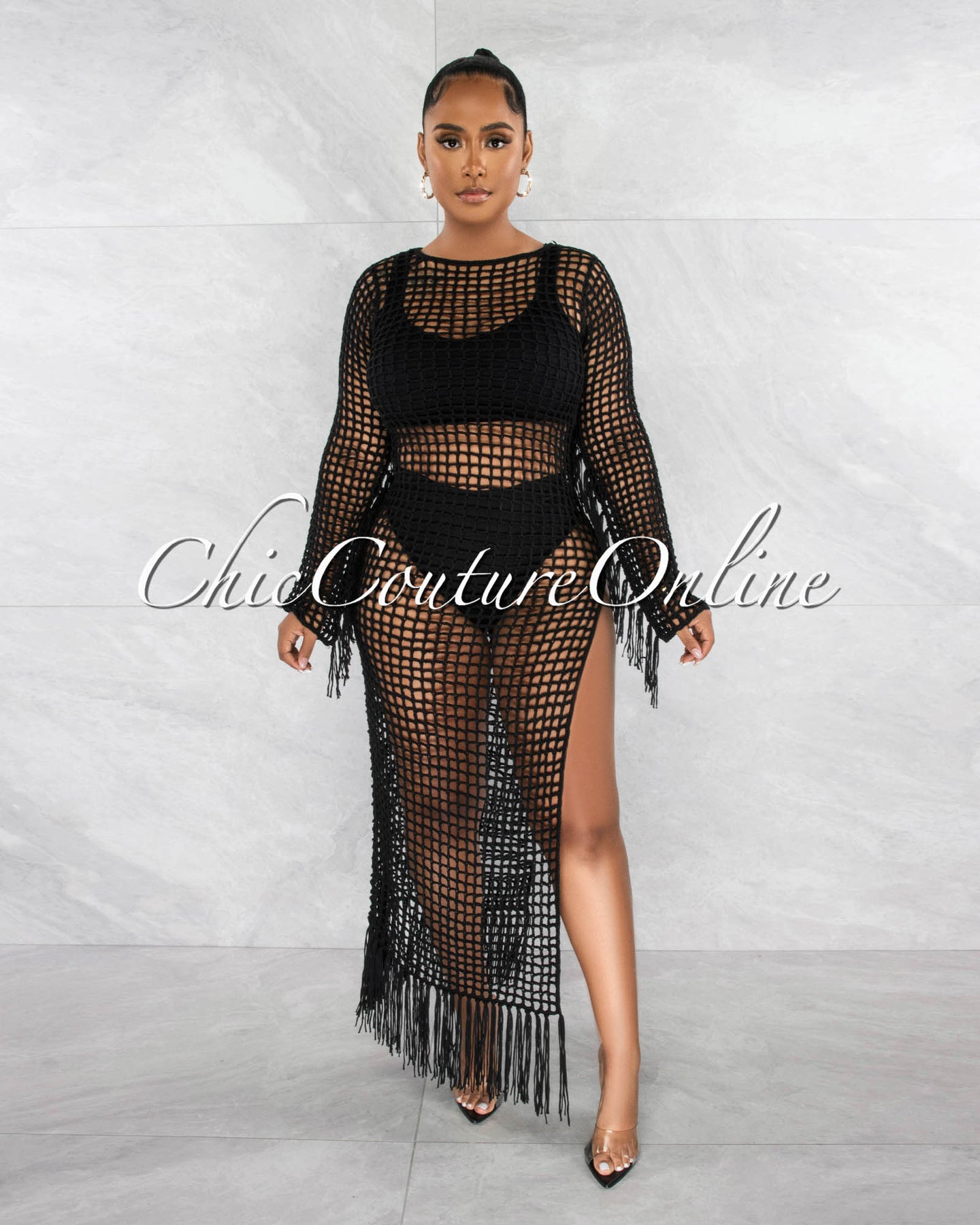 *Brassie Black Crochet Tassels Cover-Up Maxi Dress