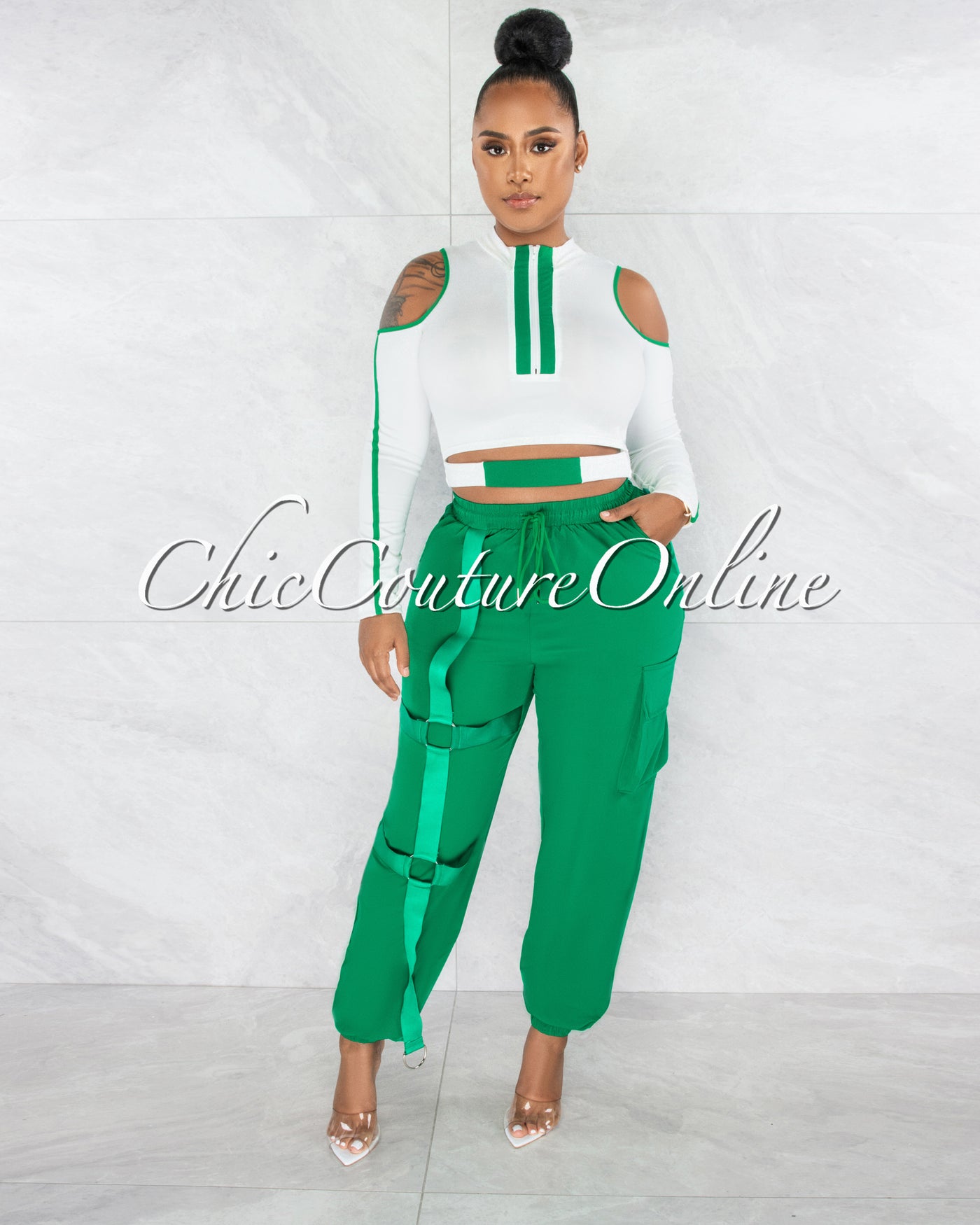 Duncan Green White Top & Jogger Cargo Pants Set