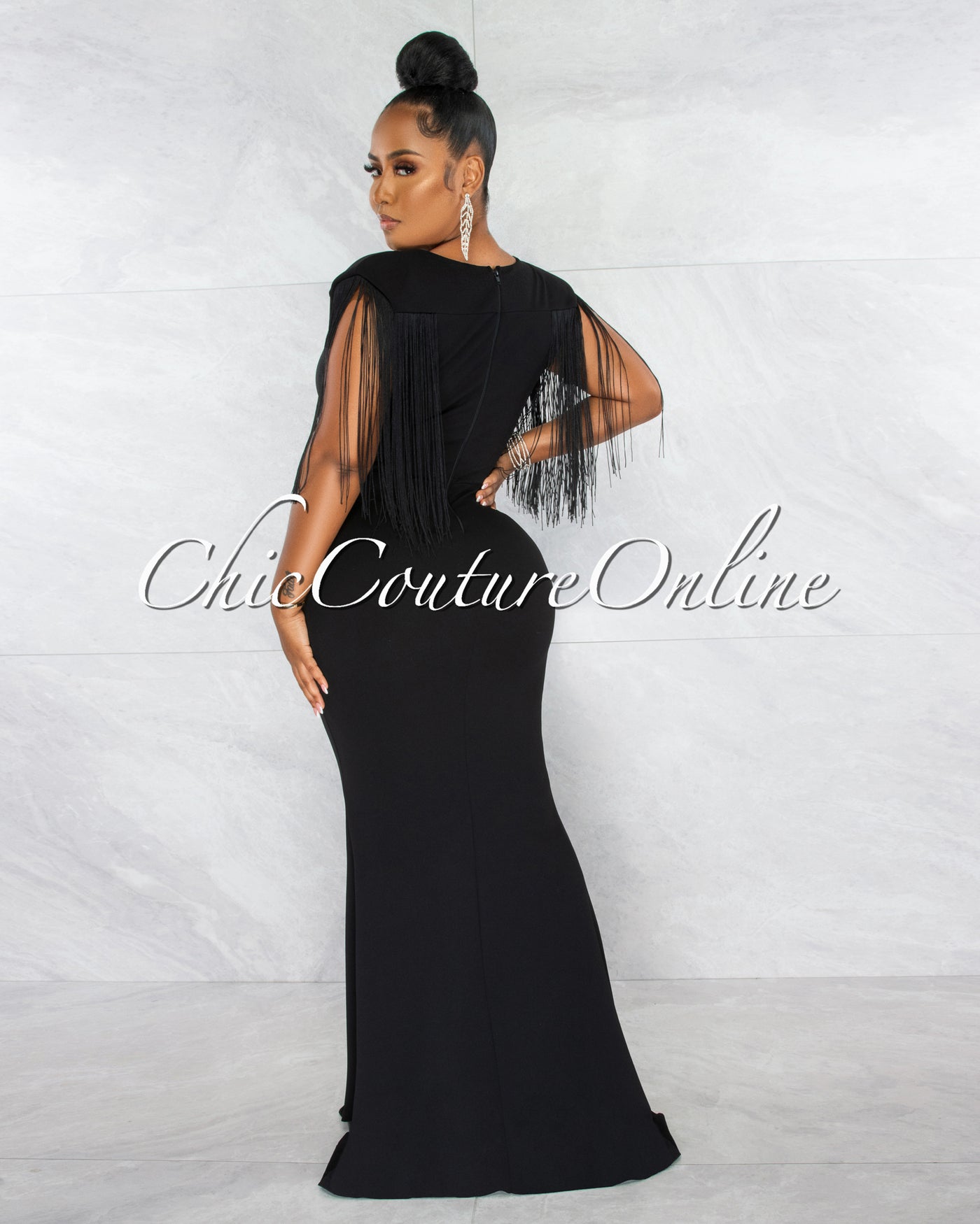 *Orane Black Fringe Shoulders Semi-Mermaid Maxi Dress