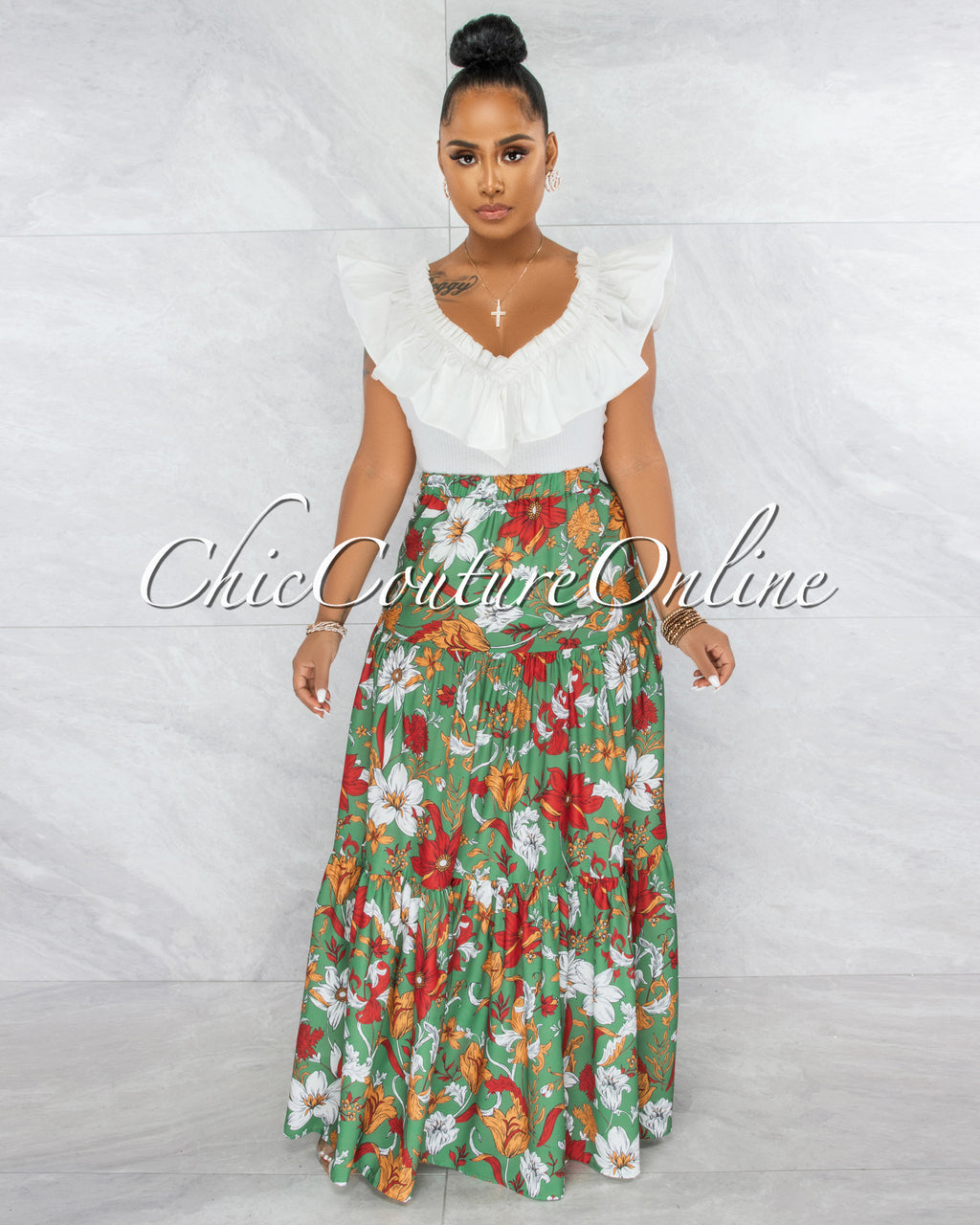 *Hirma Green Rust Floral Print Maxi Skirt