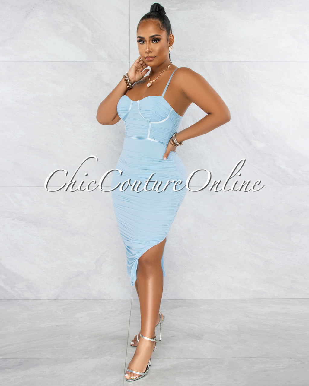 Dario Baby Blue Padded Cups Mesh Ruched Midi Dress