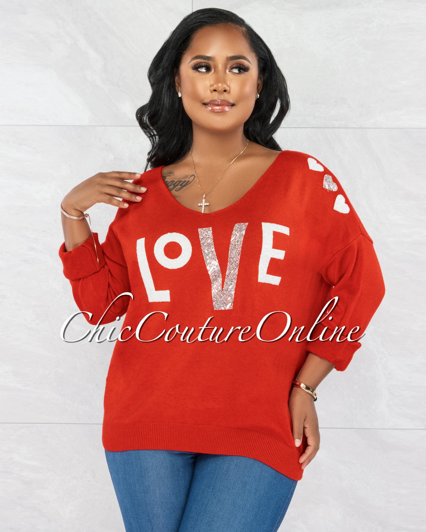*Lovely Red Silver White Graphic Knit Sweater