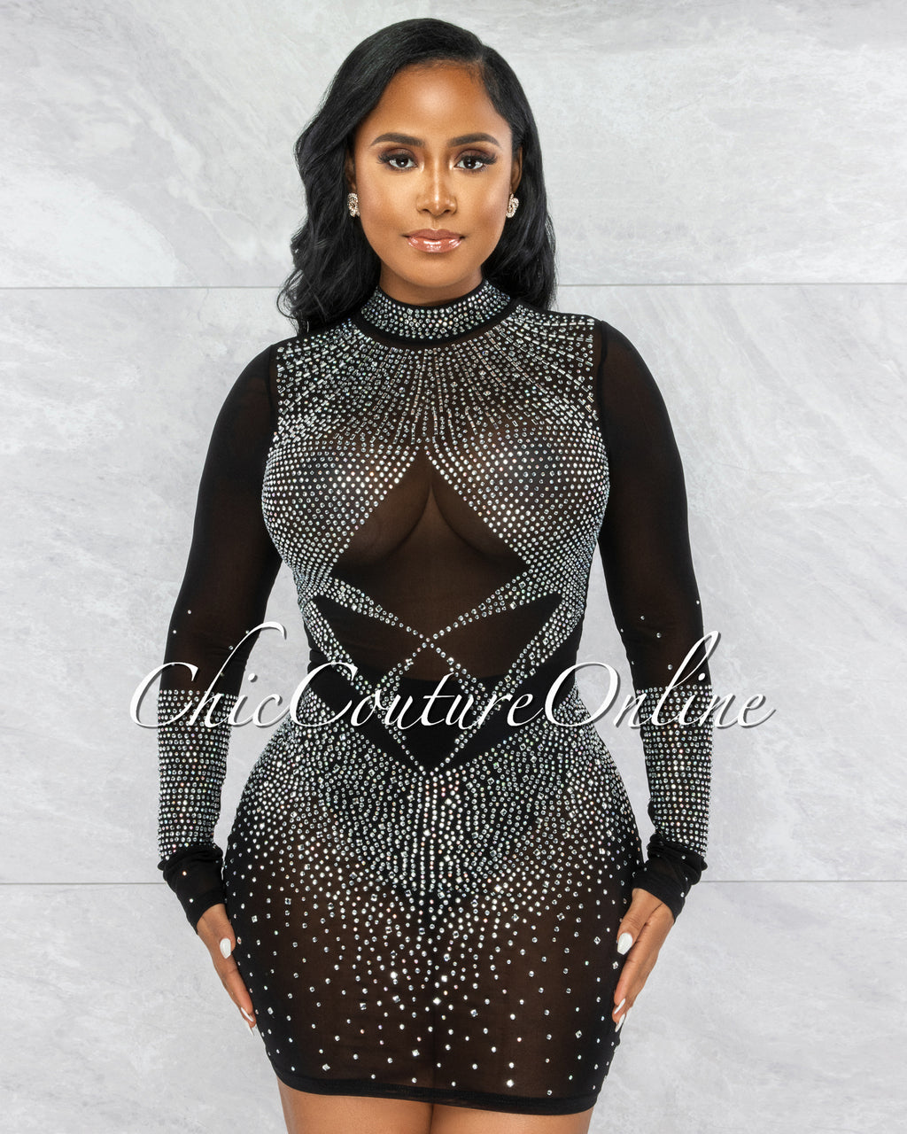 *Bernuda Black Silver Rhinestones Mesh Mini Dress