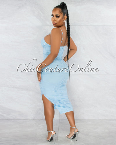 Dario Baby Blue Padded Cups Mesh Ruched Midi Dress