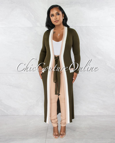 Sassy Olive Green Nude White Trim Sweater Cardi Dress