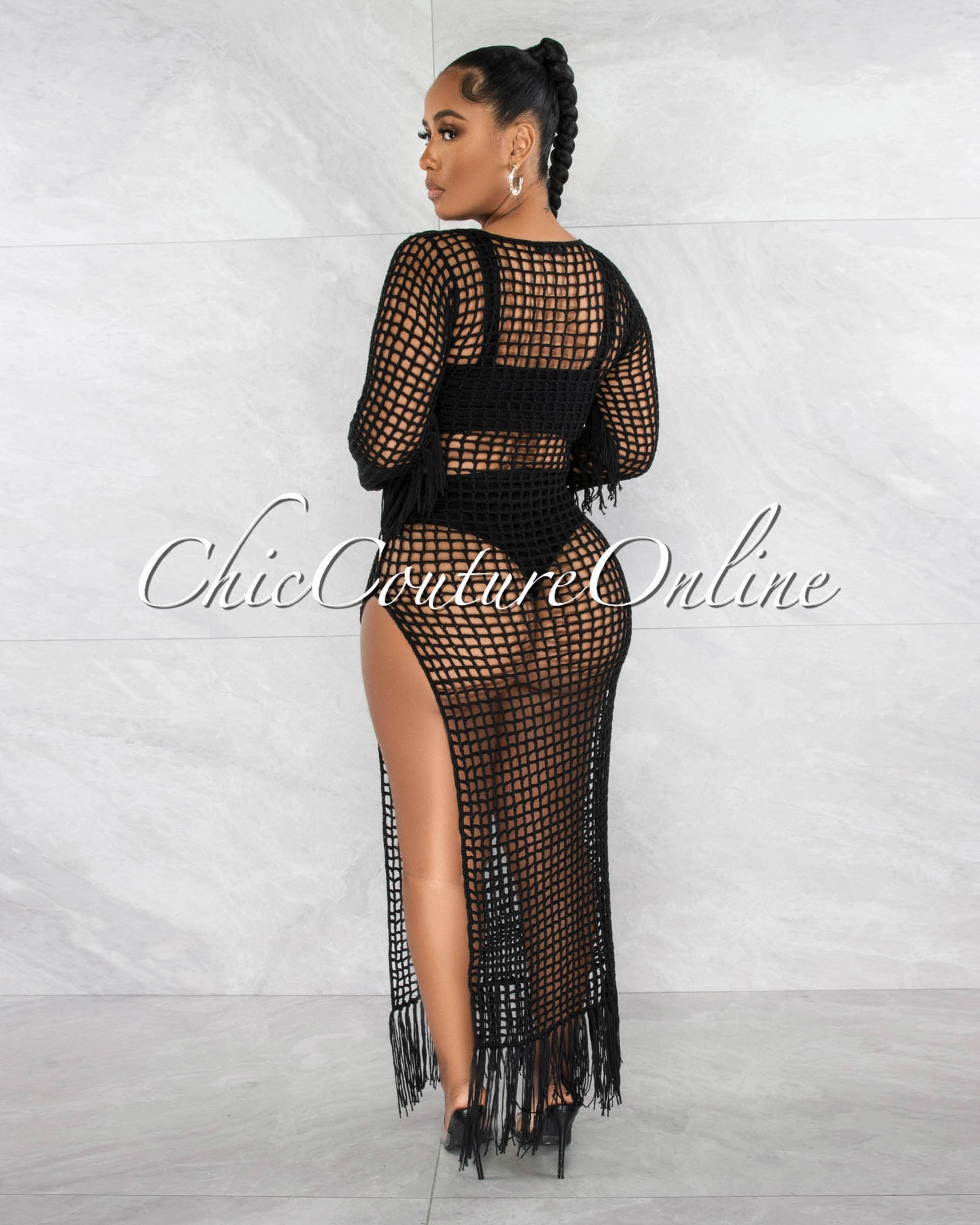 *Brassie Black Crochet Tassels Cover-Up Maxi Dress