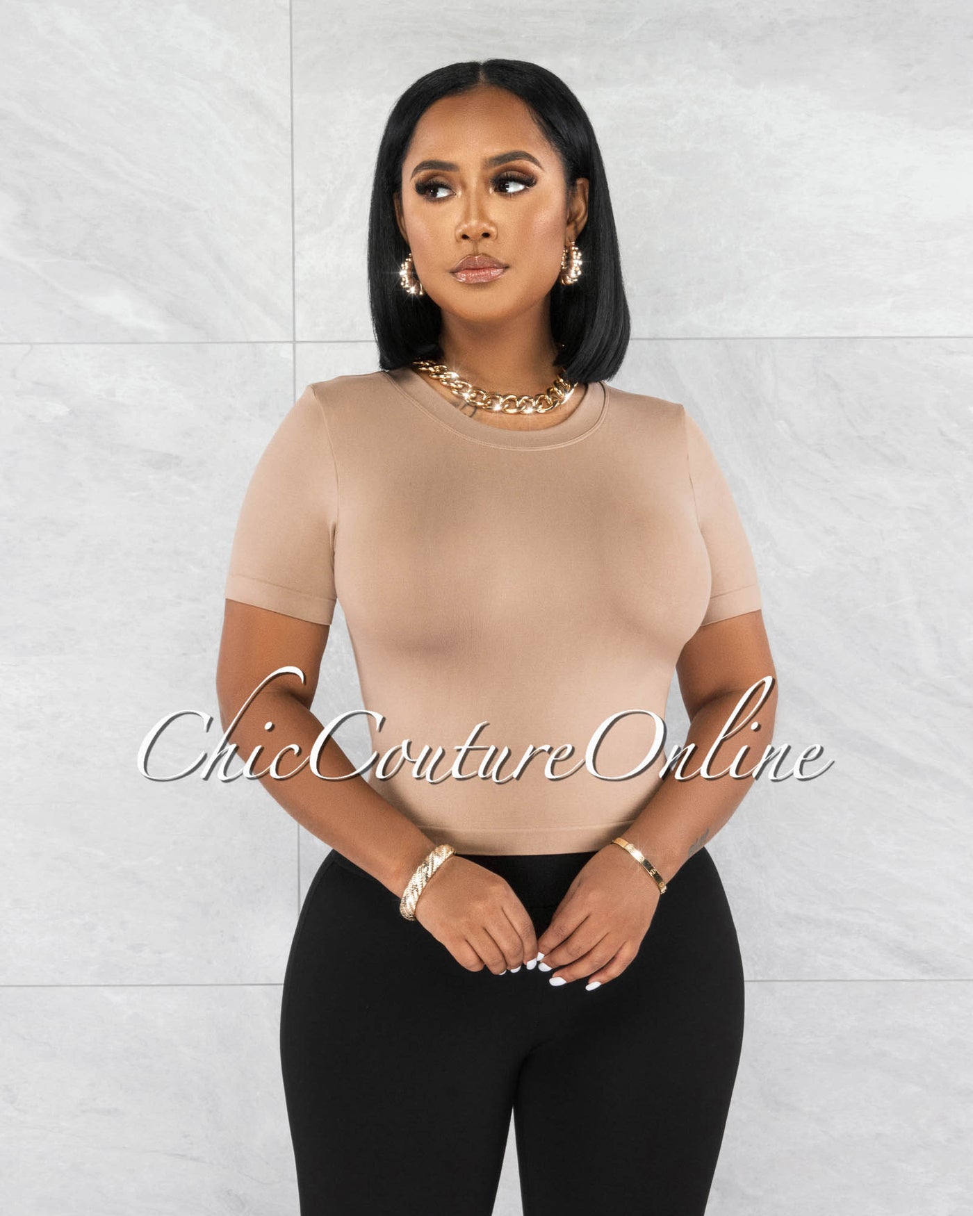Janice Mocha Round Neckline Crop Top