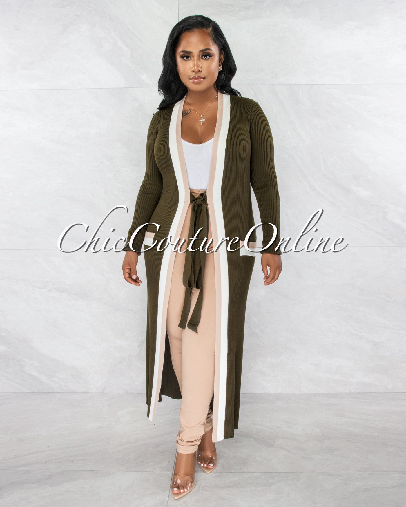 Sassy Olive Green Nude White Trim Sweater Cardi Dress
