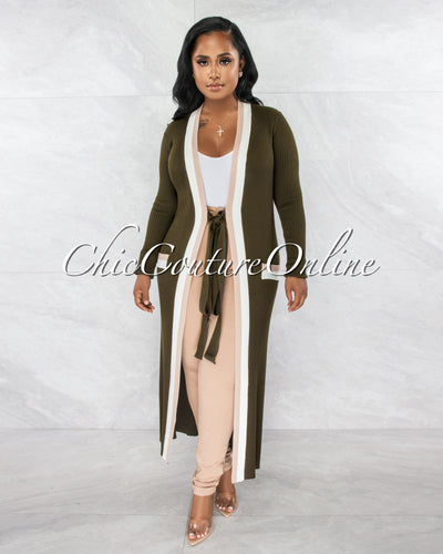 Sassy Olive Green Nude White Trim Sweater Cardi Dress