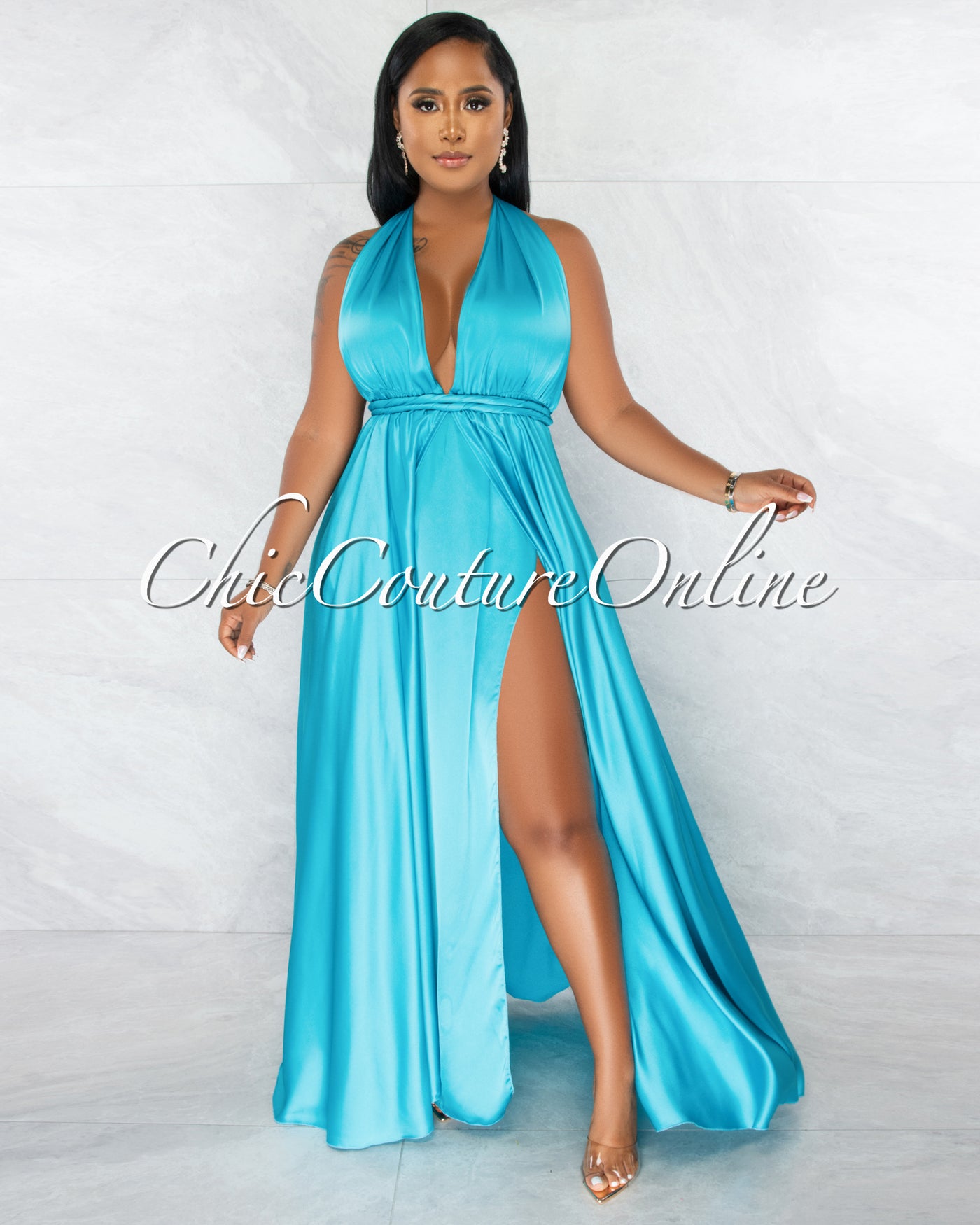 Lorenie Turquoise Deep-V Multi-Way High Slits Silky Maxi Dress
